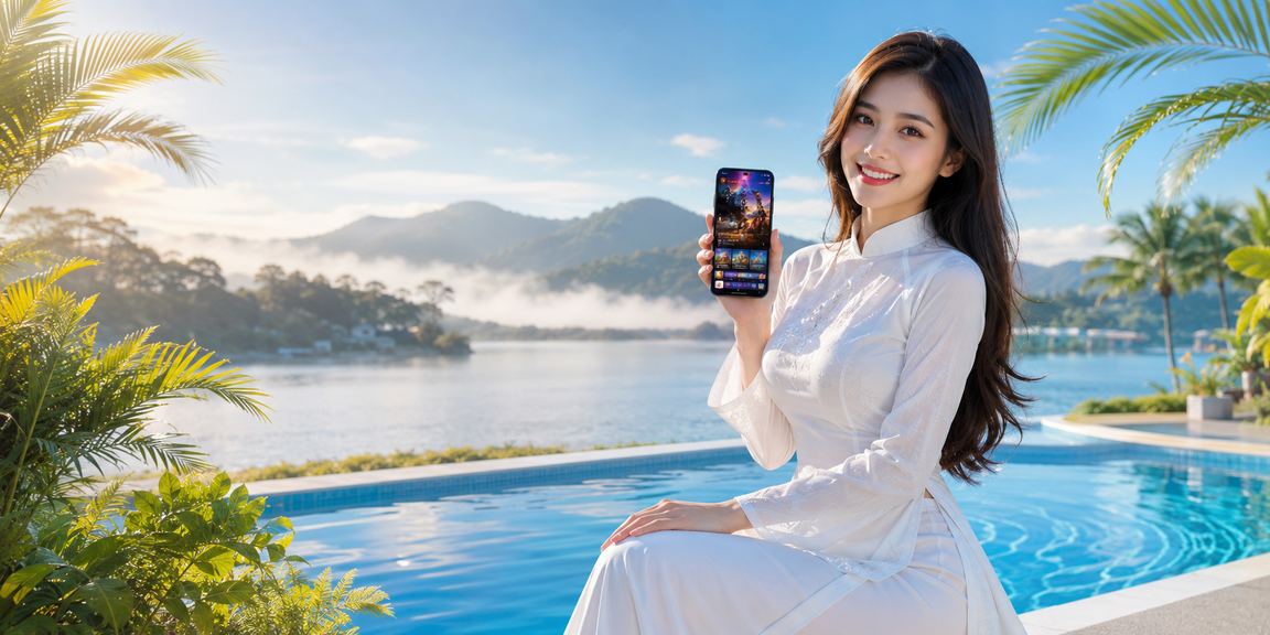 Cô gái mặc áo dài theo dõi kết quả cá cược esports tại Đà Lạt trong không gian cà phê ấm cúng