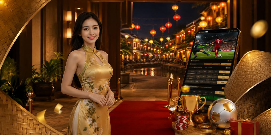 Người dùng theo dõi kèo bóng đá tại Hội An với chiếc nón lá truyền thống
