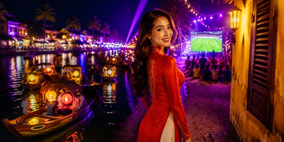 Người phụ nữ mặc áo dài xem kết quả cá cược bóng đá tại phố cổ Hội An về đêm